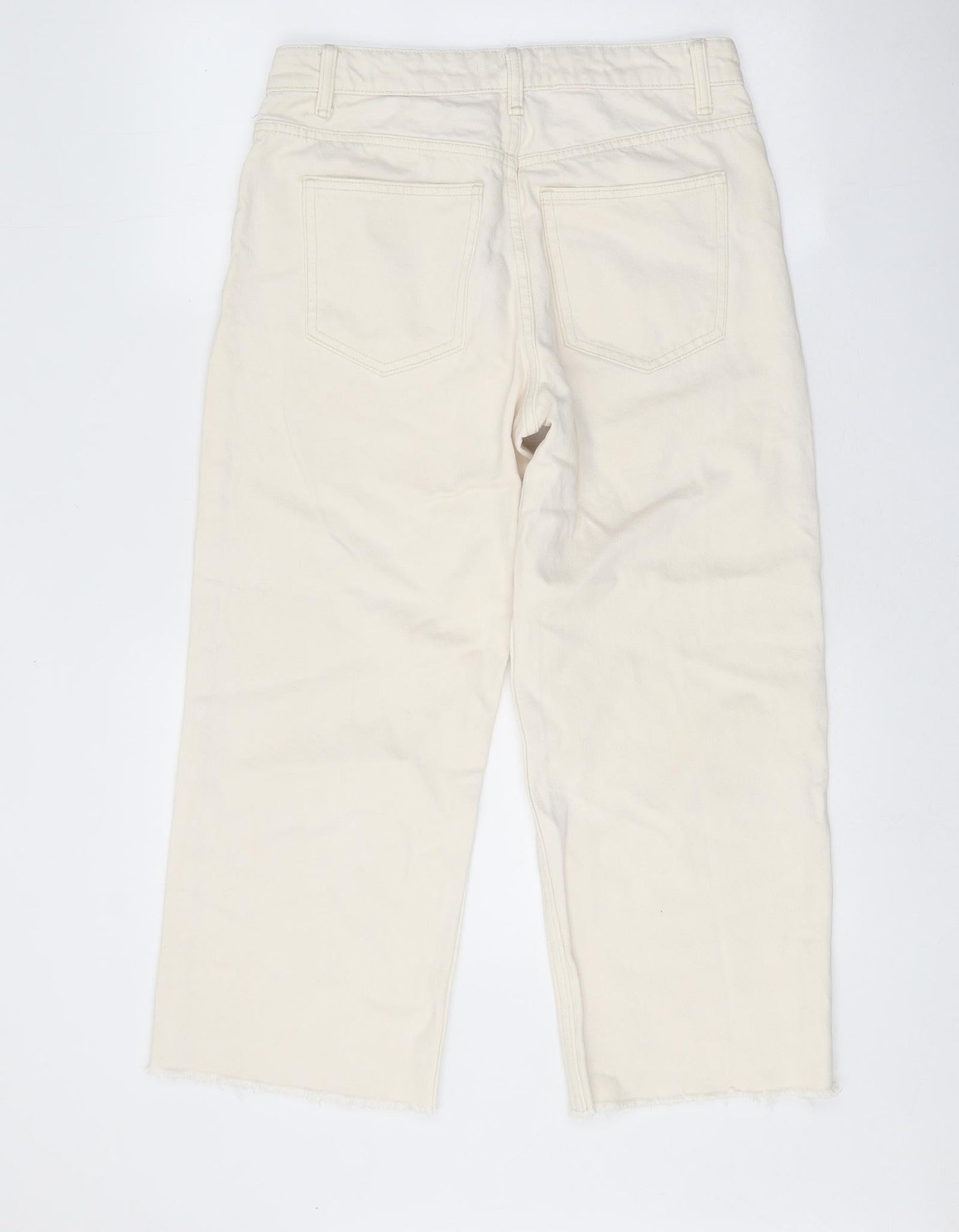 Zara Womens White Cotton Straight Jeans Size 8 Regular Button - Distressed Hems