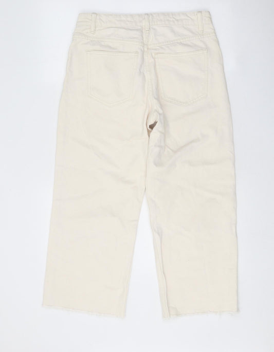 Zara Womens White Cotton Straight Jeans Size 8 Regular Button - Distressed Hems