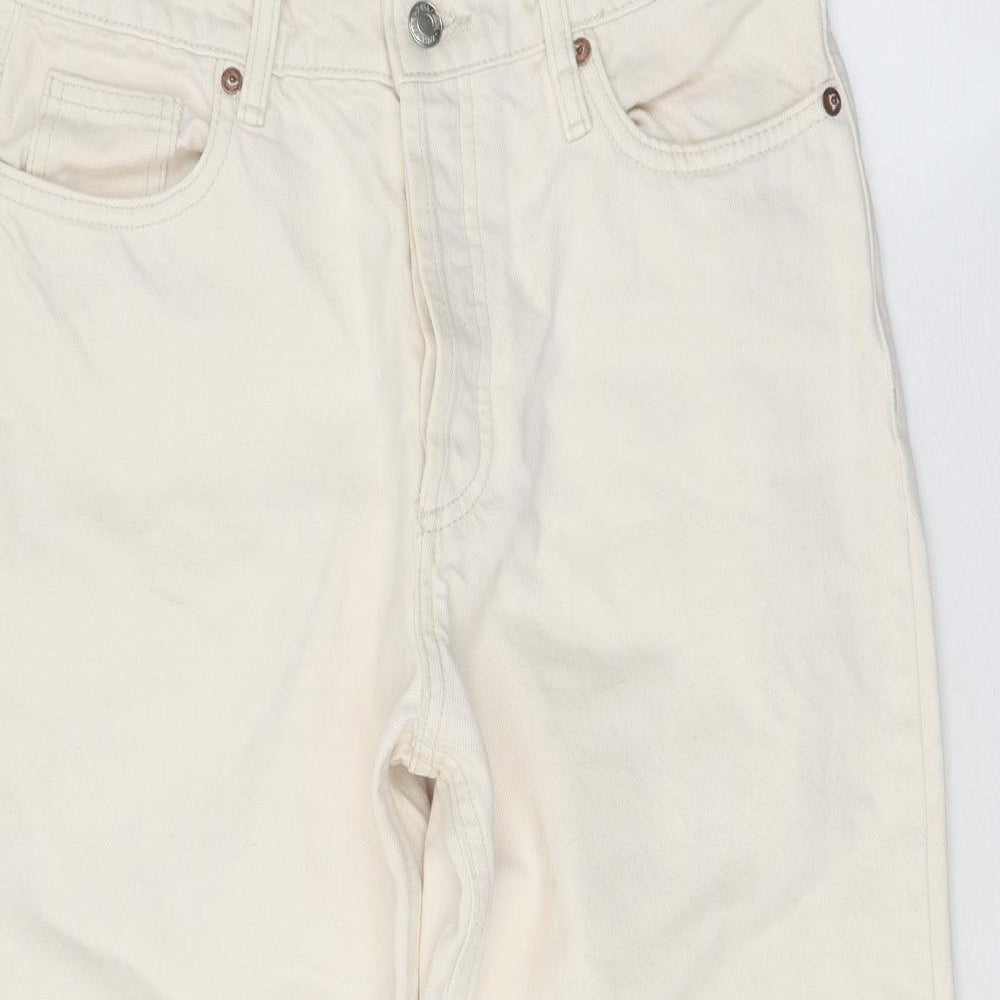Zara Womens White Cotton Straight Jeans Size 8 Regular Button - Distressed Hems