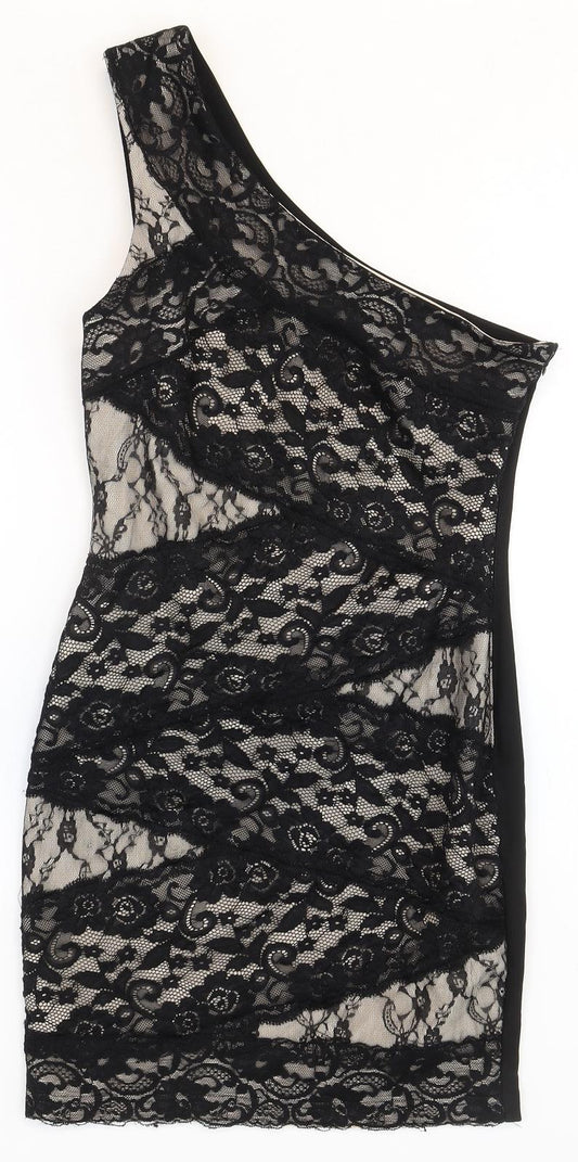 Lipsy Womens Black Geometric Polyester Fit & Flare Size 8 Round Neck Zip