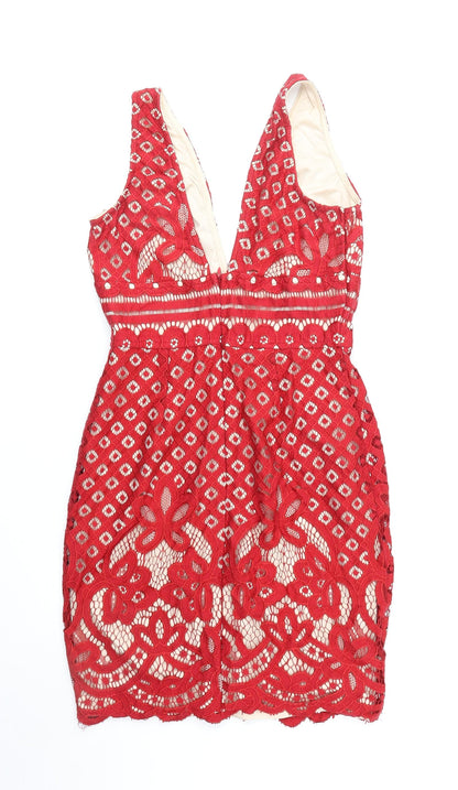 M Womens Red Geometric Nylon A-Line Size 8 V-Neck Zip