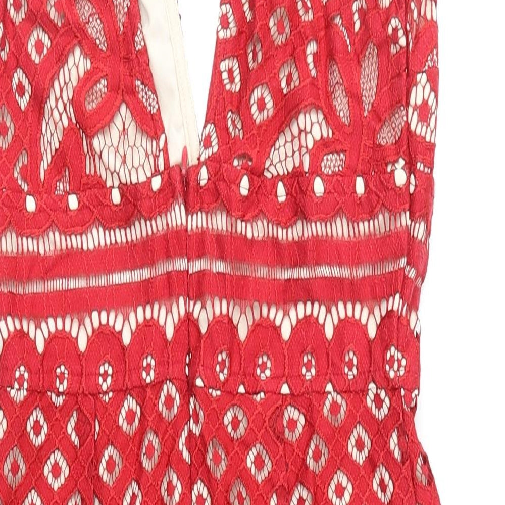 M Womens Red Geometric Nylon A-Line Size 8 V-Neck Zip