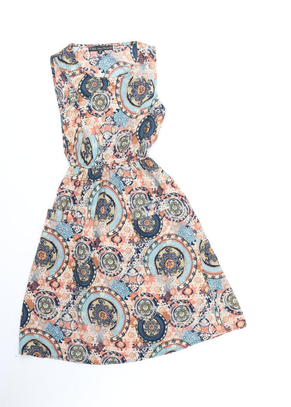 Mela Loves London Womens Multicoloured Geometric Polyester Fit & Flare Size 8 Round Neck Pullover