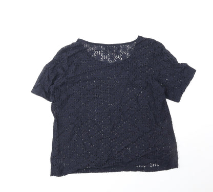 NEXT Womens Blue Floral Nylon Basic T-Shirt Size 14 Round Neck