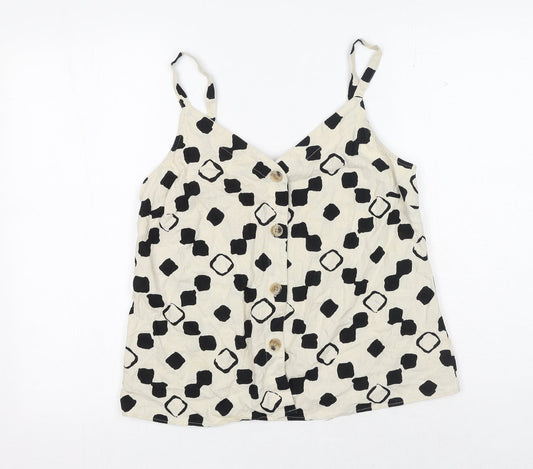 F&F Womens White Geometric Linen Basic Tank Size 10 V-Neck