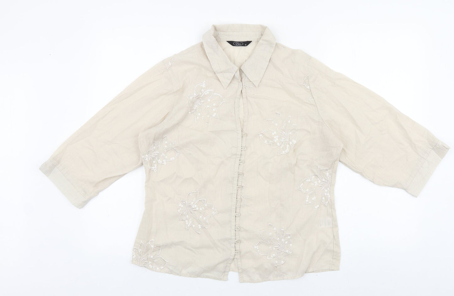 Bonmarché Womens Beige Floral 100% Cotton Basic Button-Up Size 14 Collared