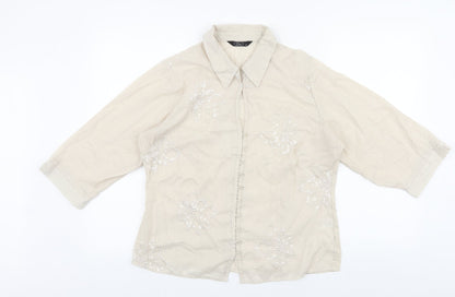 Bonmarché Womens Beige Floral 100% Cotton Basic Button-Up Size 14 Collared