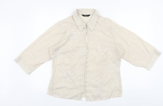 Bonmarché Womens Beige Floral 100% Cotton Basic Button-Up Size 14 Collared