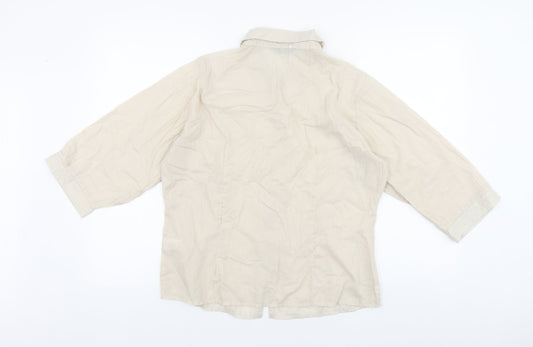 Bonmarché Womens Beige Floral 100% Cotton Basic Button-Up Size 14 Collared