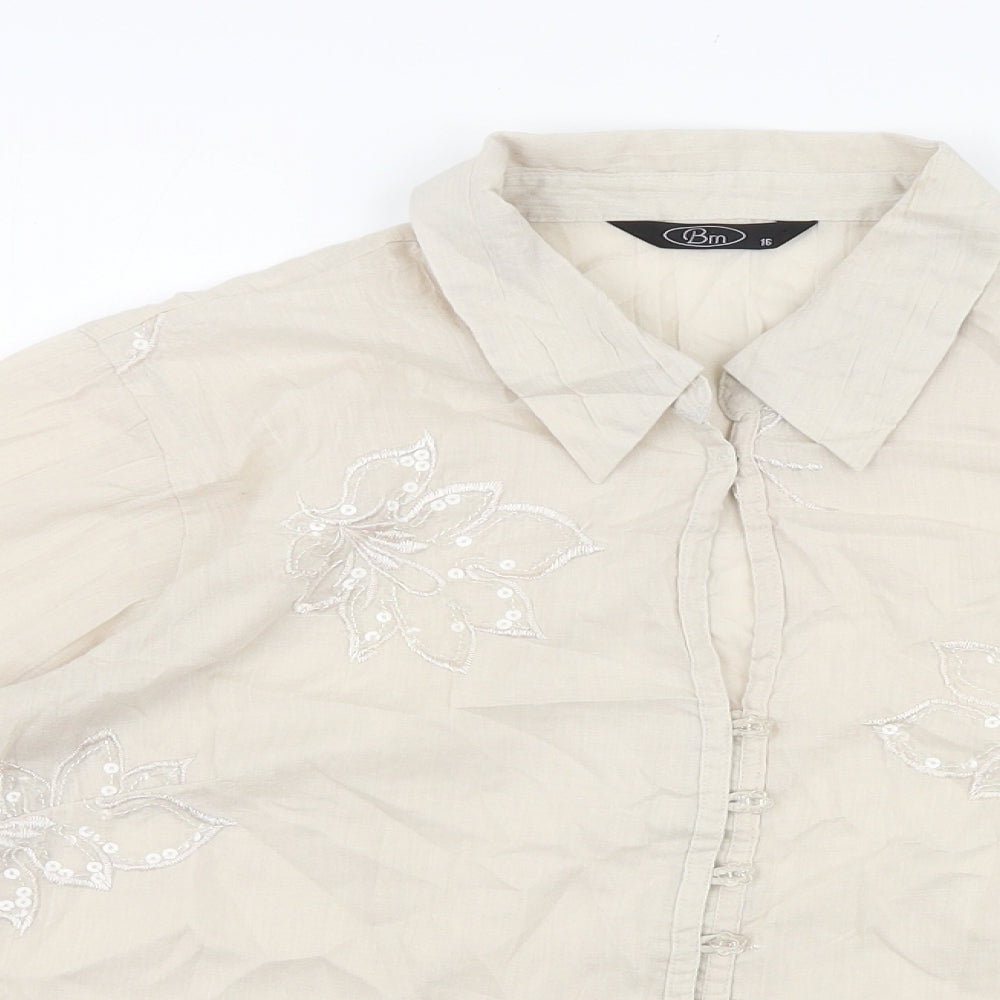 Bonmarché Womens Beige Floral 100% Cotton Basic Button-Up Size 14 Collared