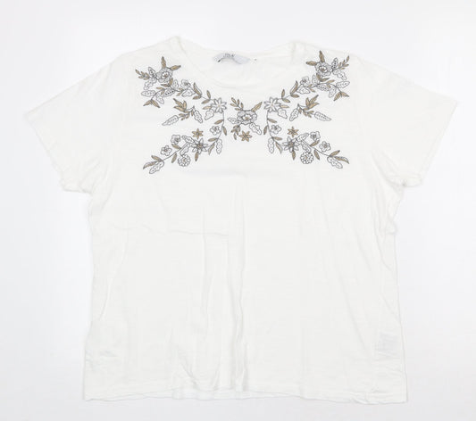 EWM Womens White Floral 100% Cotton Basic T-Shirt Size M Scoop Neck