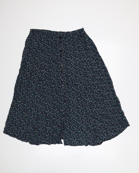 Bonmarché Womens Blue Floral Viscose Swing Skirt Size S Button - Size S-M