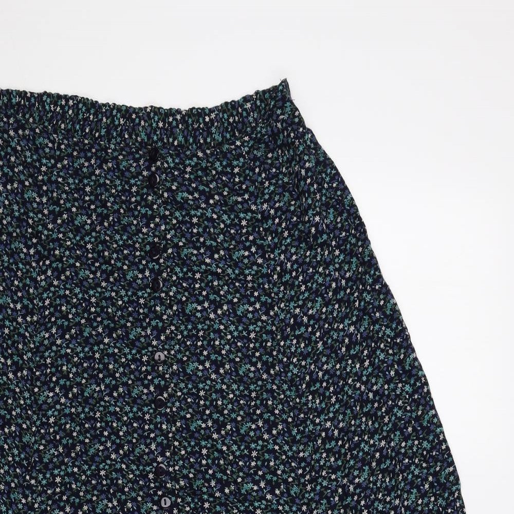 Bonmarché Womens Blue Floral Viscose Swing Skirt Size S Button - Size S-M
