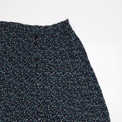 Bonmarché Womens Blue Floral Viscose Swing Skirt Size S Button - Size S-M