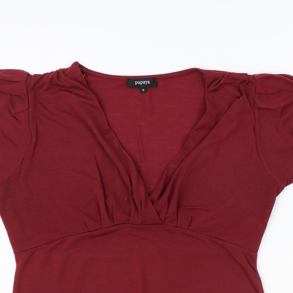 Papaya Womens Red Polyester Basic Blouse Size 12 V-Neck