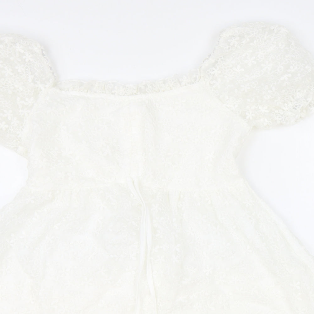 SheIn Womens Ivory Geometric Polyester Fit & Flare Size M Scoop Neck Zip