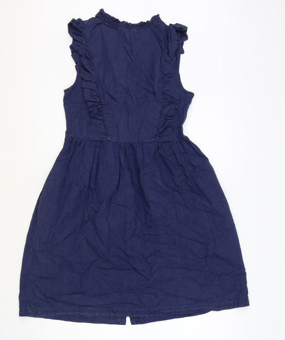 Monsoon Womens Blue Herringbone 100% Cotton Fit & Flare Size 8 V-Neck Button