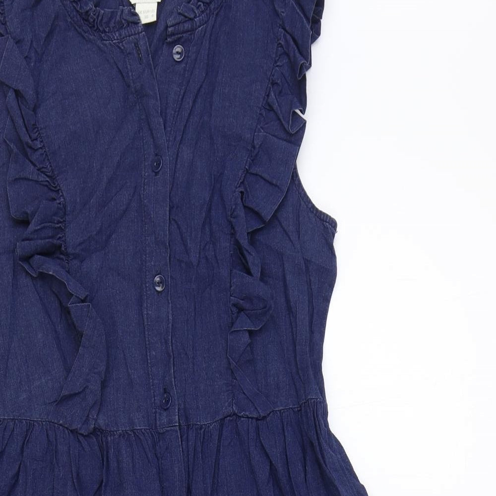 Monsoon Womens Blue Herringbone 100% Cotton Fit & Flare Size 8 V-Neck Button