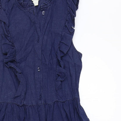 Monsoon Womens Blue Herringbone 100% Cotton Fit & Flare Size 8 V-Neck Button