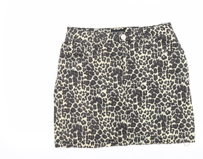 PRETTYLITTLETHING Womens Beige Animal Print Cotton Mini Skirt Size 12 Zip - Leopard Pattern