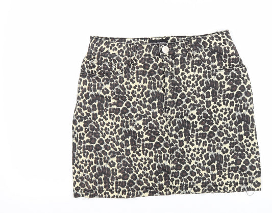 PRETTYLITTLETHING Womens Beige Animal Print Cotton Mini Skirt Size 12 Zip - Leopard Pattern