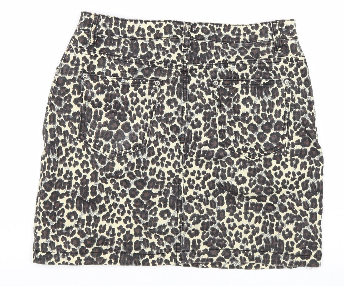 PRETTYLITTLETHING Womens Beige Animal Print Cotton Mini Skirt Size 12 Zip - Leopard Pattern