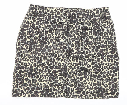 PRETTYLITTLETHING Womens Beige Animal Print Cotton Mini Skirt Size 12 Zip - Leopard Pattern