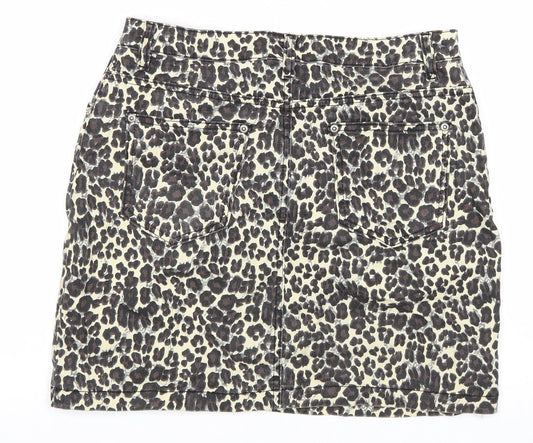PRETTYLITTLETHING Womens Beige Animal Print Cotton Mini Skirt Size 12 Zip - Leopard Pattern