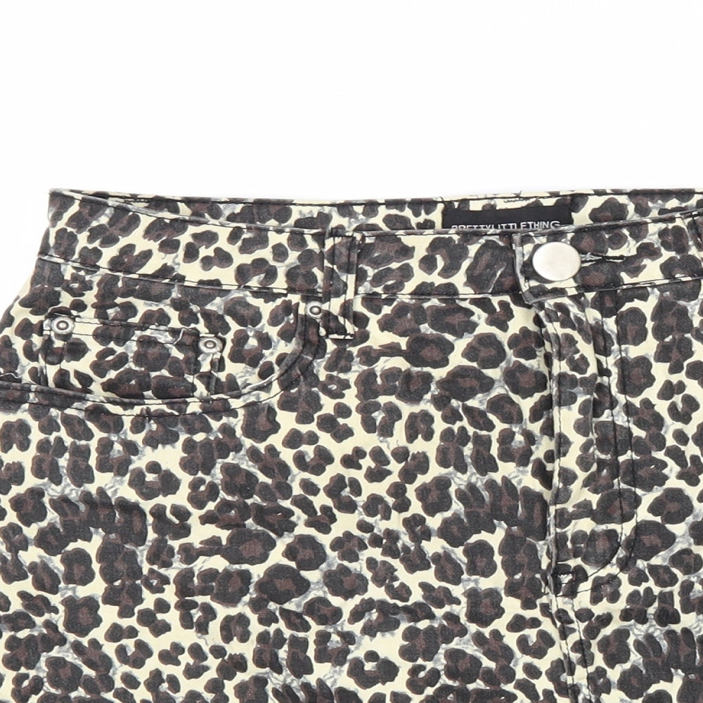 PRETTYLITTLETHING Womens Beige Animal Print Cotton Mini Skirt Size 12 Zip - Leopard Pattern