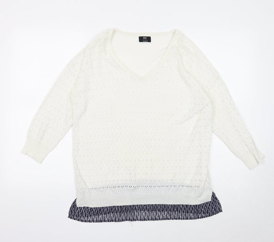 F&F Womens White V-Neck Polyester Pullover Jumper Size 14 - Chiffon Hem