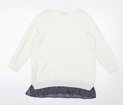 F&F Womens White V-Neck Polyester Pullover Jumper Size 14 - Chiffon Hem