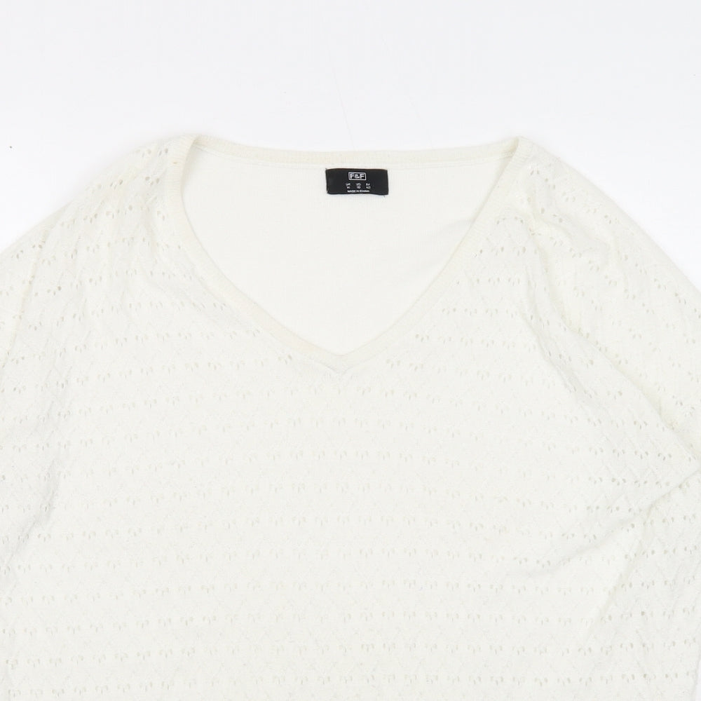 F&F Womens White V-Neck Polyester Pullover Jumper Size 14 - Chiffon Hem