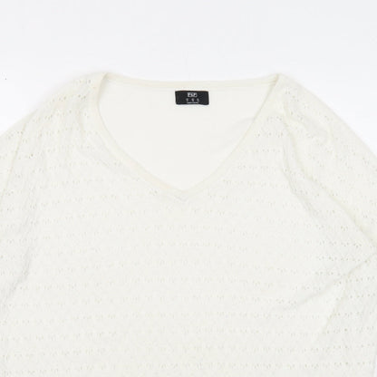 F&F Womens White V-Neck Polyester Pullover Jumper Size 14 - Chiffon Hem