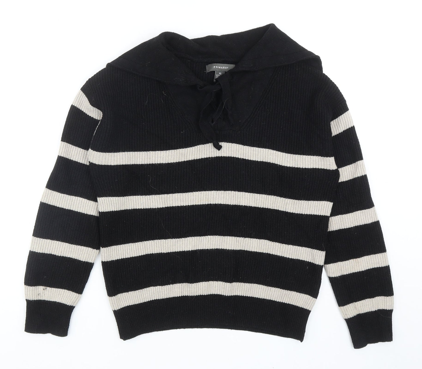 Primark Womens Black V-Neck Striped Viscose Pullover Jumper Size XS