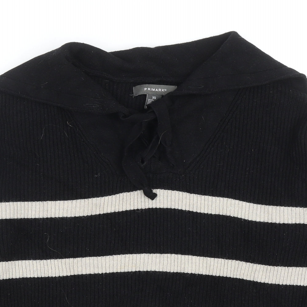 Primark Womens Black V-Neck Striped Viscose Pullover Jumper Size XS