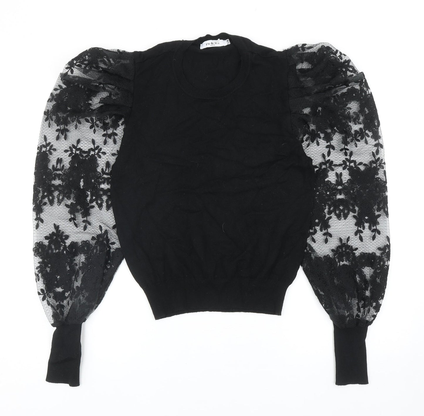Yu & Me Womens Black Round Neck Floral Viscose Pullover Jumper Size S