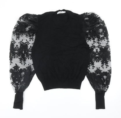Yu & Me Womens Black Round Neck Floral Viscose Pullover Jumper Size S