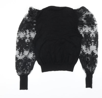 Yu & Me Womens Black Round Neck Floral Viscose Pullover Jumper Size S