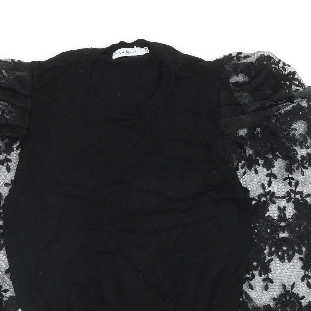 Yu & Me Womens Black Round Neck Floral Viscose Pullover Jumper Size S