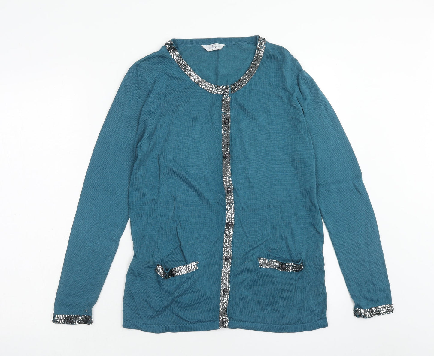 Joanna Hope Womens Blue Scoop Neck Cotton Cardigan Jumper Size 12