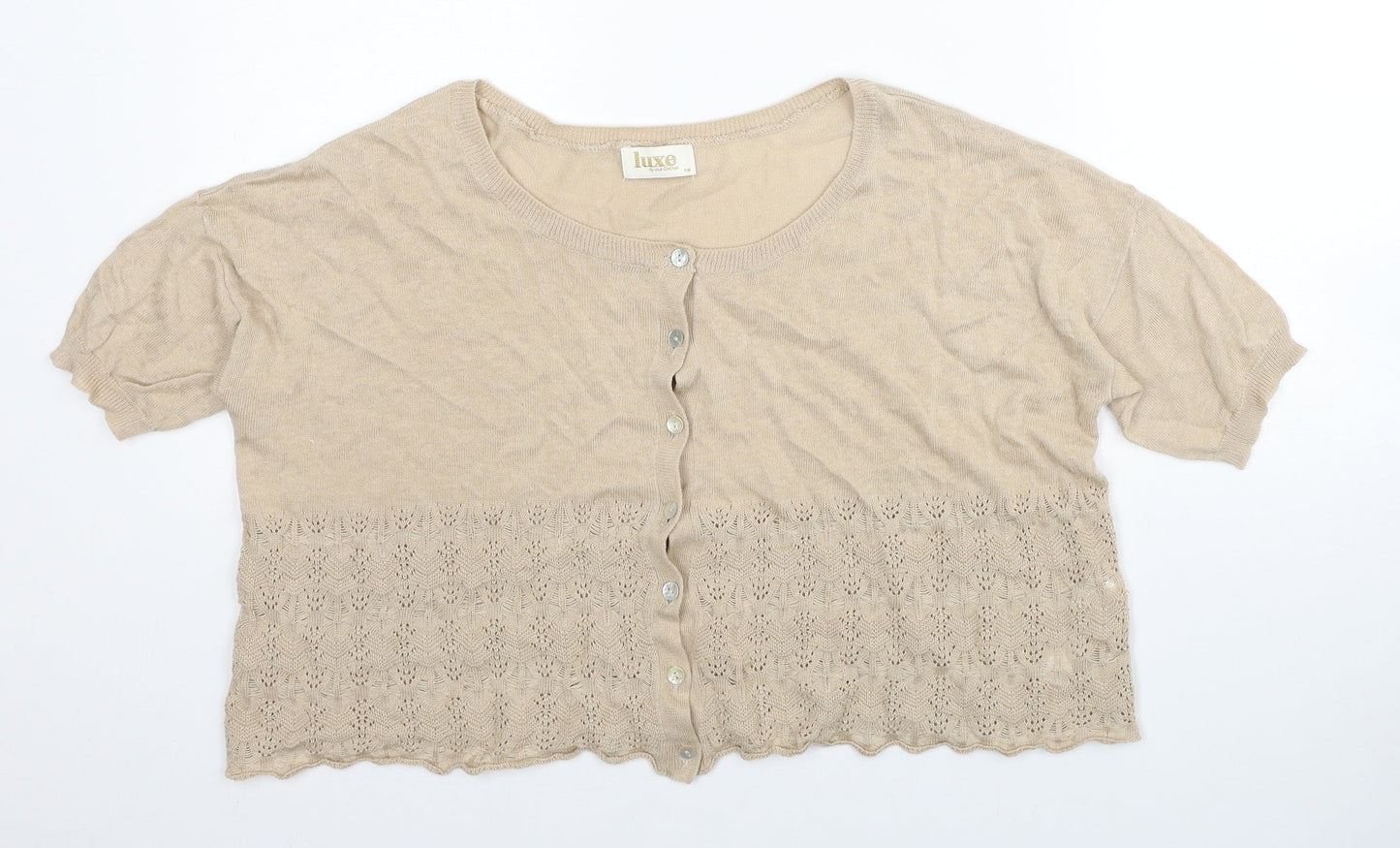 Deluxe Womens Beige Scoop Neck Cotton Cardigan Jumper Size XS
