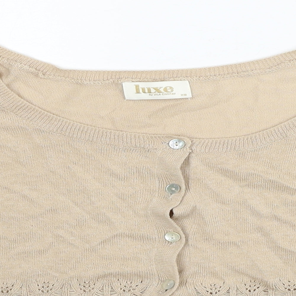 Deluxe Womens Beige Scoop Neck Cotton Cardigan Jumper Size XS