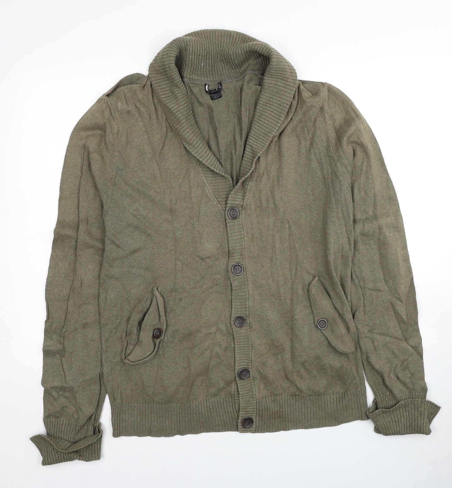 H&M Mens Green V-Neck Cotton Cardigan Jumper Size L - Elbow Patches