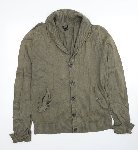 H&M Mens Green V-Neck Cotton Cardigan Jumper Size L - Elbow Patches