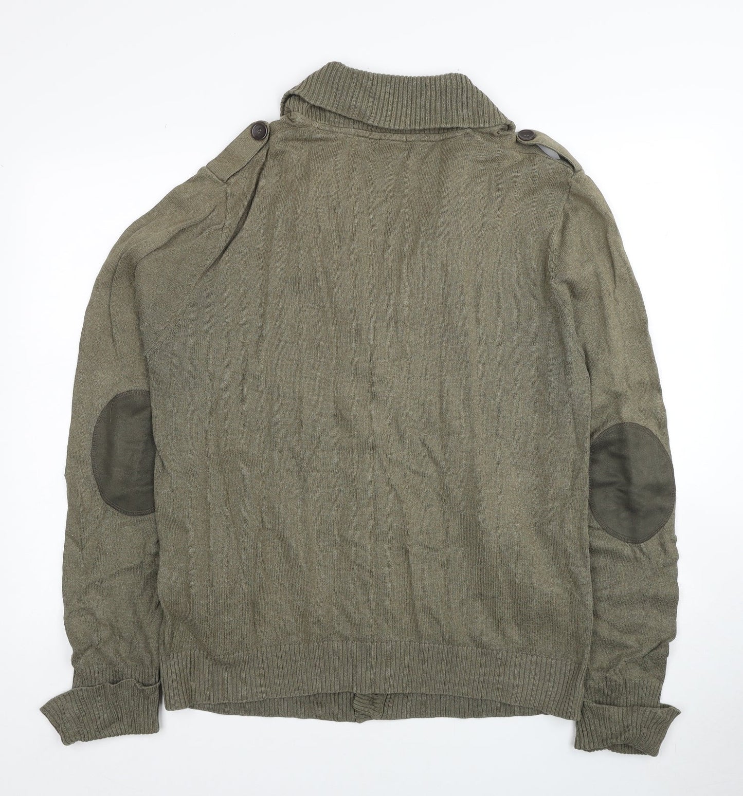 H&M Mens Green V-Neck Cotton Cardigan Jumper Size L - Elbow Patches