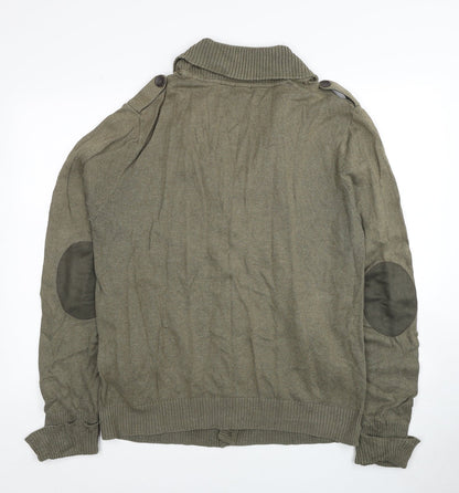 H&M Mens Green V-Neck Cotton Cardigan Jumper Size L - Elbow Patches