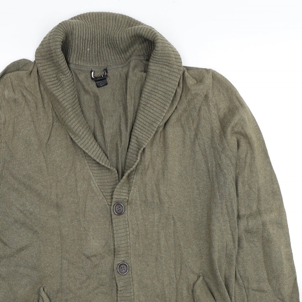 H&M Mens Green V-Neck Cotton Cardigan Jumper Size L - Elbow Patches