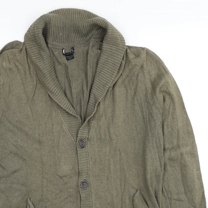 H&M Mens Green V-Neck Cotton Cardigan Jumper Size L - Elbow Patches