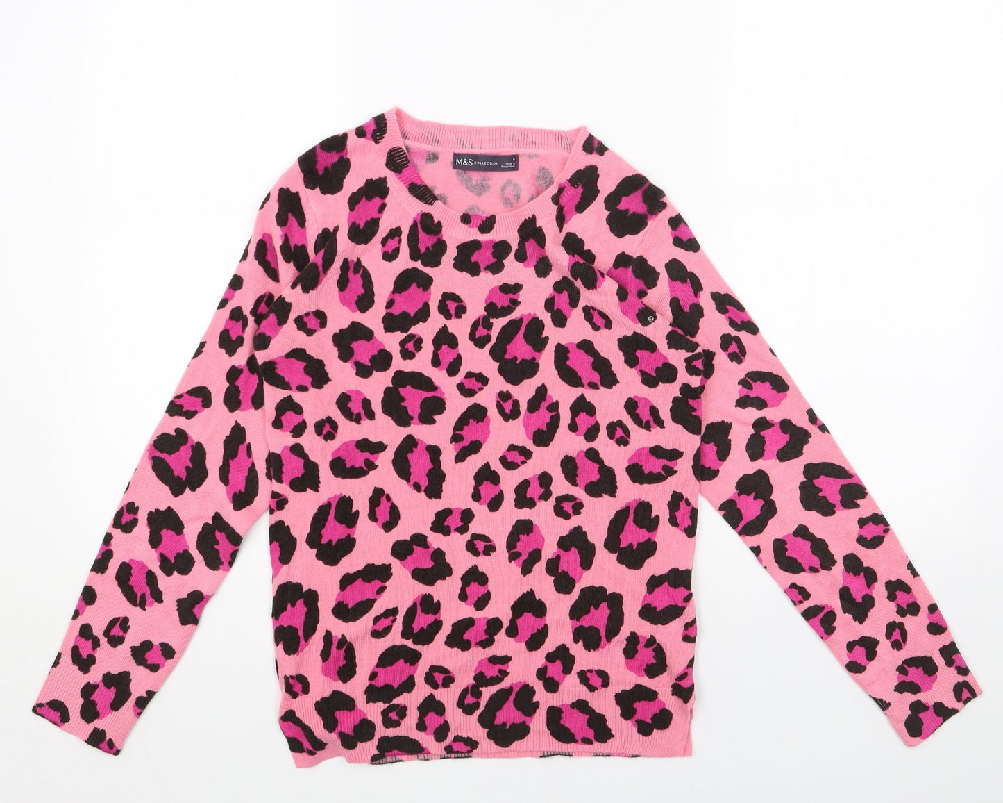 Marks and Spencer Womens Pink Scoop Neck Animal Print Acrylic Pullover Jumper Size 6 - Leopard Print