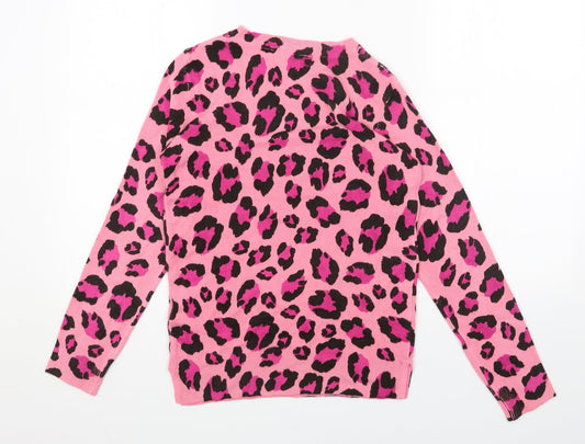 Marks and Spencer Womens Pink Scoop Neck Animal Print Acrylic Pullover Jumper Size 6 - Leopard Print